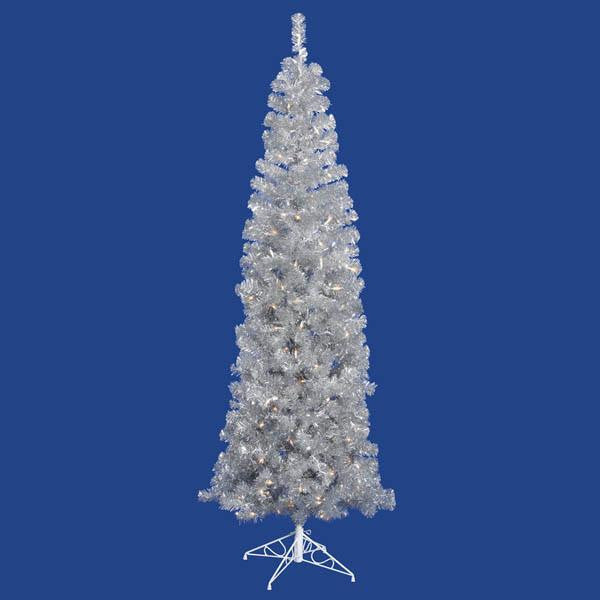 9' Pre-Lit Silver Artificial Tinsel Pencil Christmas Tree - Clear Lights