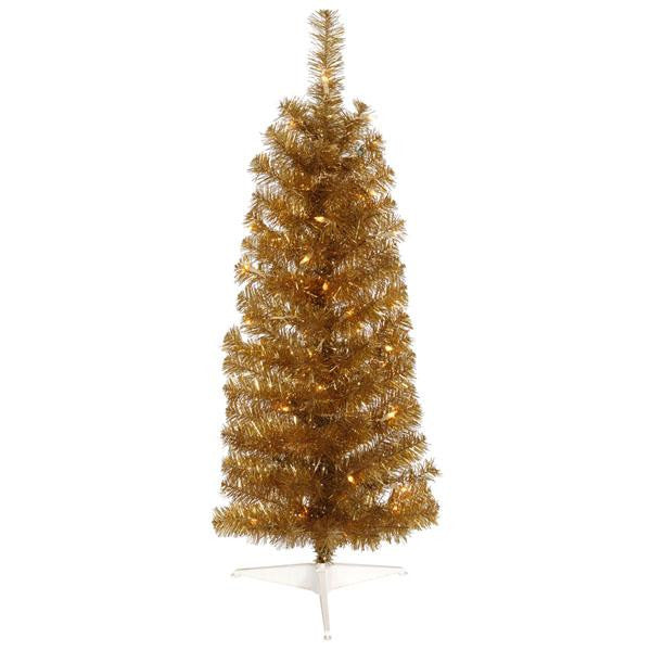 3' Pre-Lit Antique Gold Artificial Pencil Tinsel Christmas Tree - Clear Lights