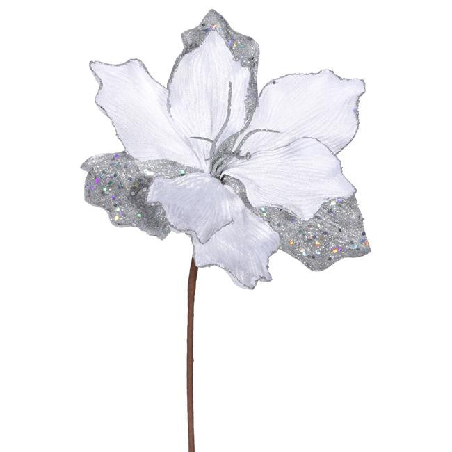 17" Elegant Silver and White Beaded Sparkle Amaryllis Flower Christmas Pick