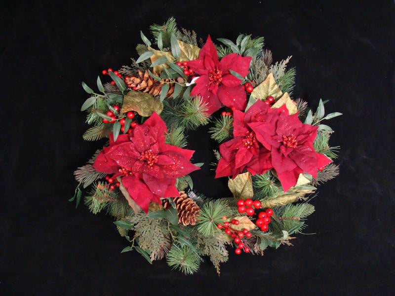 26" Poinsettia Berry and Pine Cone Artificial Christmas Wreath - Unlit
