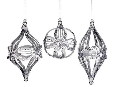 Set of 3 Sparkling Whites Silver Sequin Ball, Onion & Finial Christmas Ornaments 6"