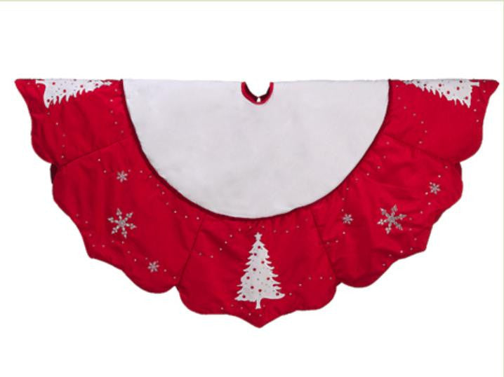 54" Red and White Embroidered Jeweled Tree and Snowflake Christmas Tree Skirt