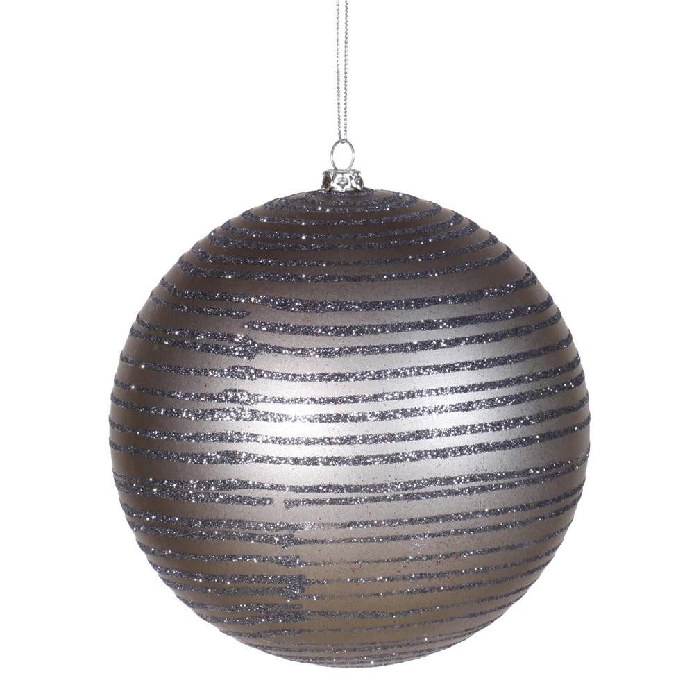 Pewter Glitter Striped Shatterproof Christmas Ball Ornament 4" (100mm)