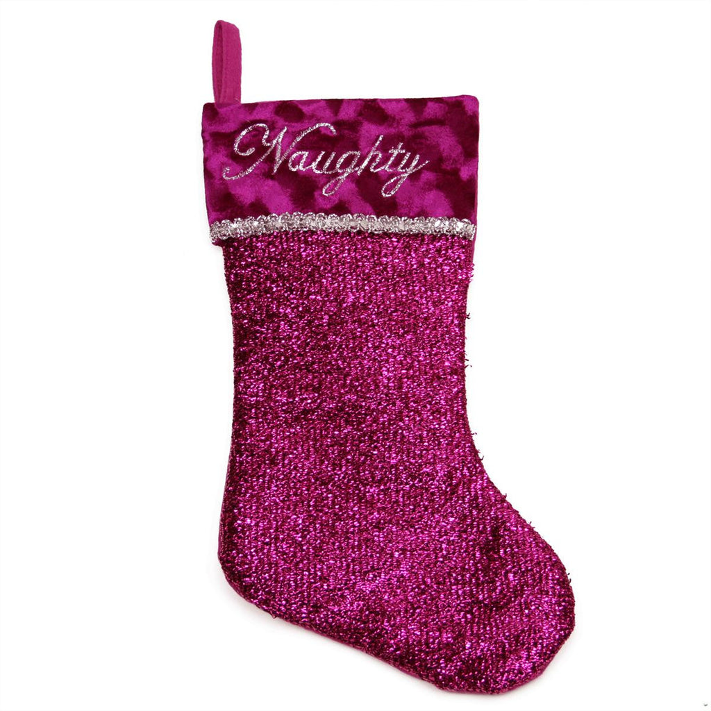 17" Metallic Pink Embroidered "Naughty" Christmas Stocking with Shadow Velveteen Cuff