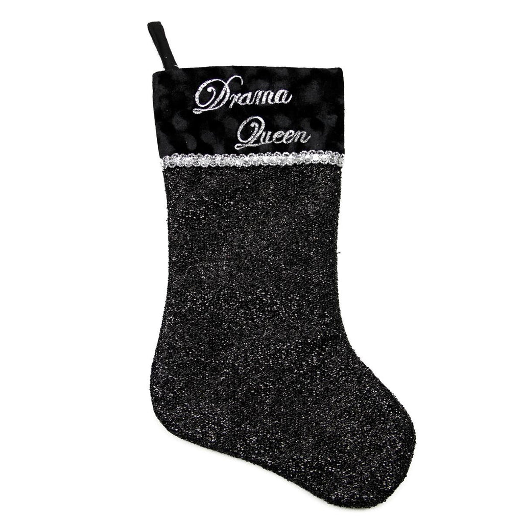 17" Metallic Black Embroidered "Drama Queen" Christmas Stocking with Shadow Velveteen Cuff