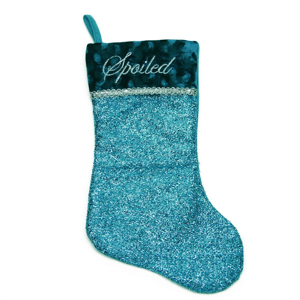 17" Metallic Blue Embroidered "Spoiled" Christmas Stocking with Shadow Velveteen Cuff