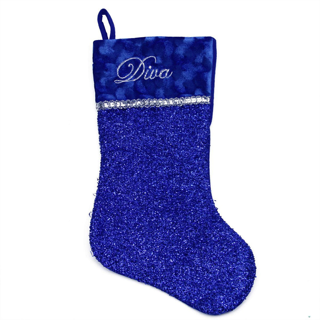 17" Metallic Royal Blue Embroidered "Diva" Christmas Stocking with Shadow Velveteen Cuff