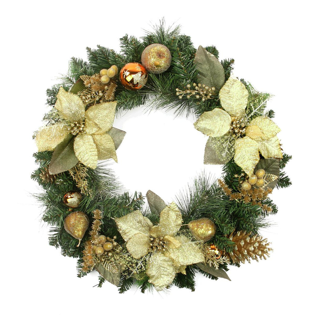 24" Pre-Decorated Gold Poinsettia, Copper Ball and Twig Artificial Christmas Wreath - Unlit