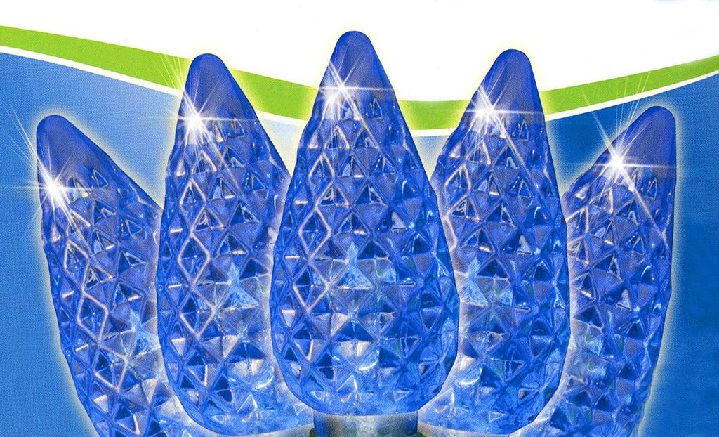 Set of 50 Faceted Blue LED C6 Christmas Lights - Green Wire
