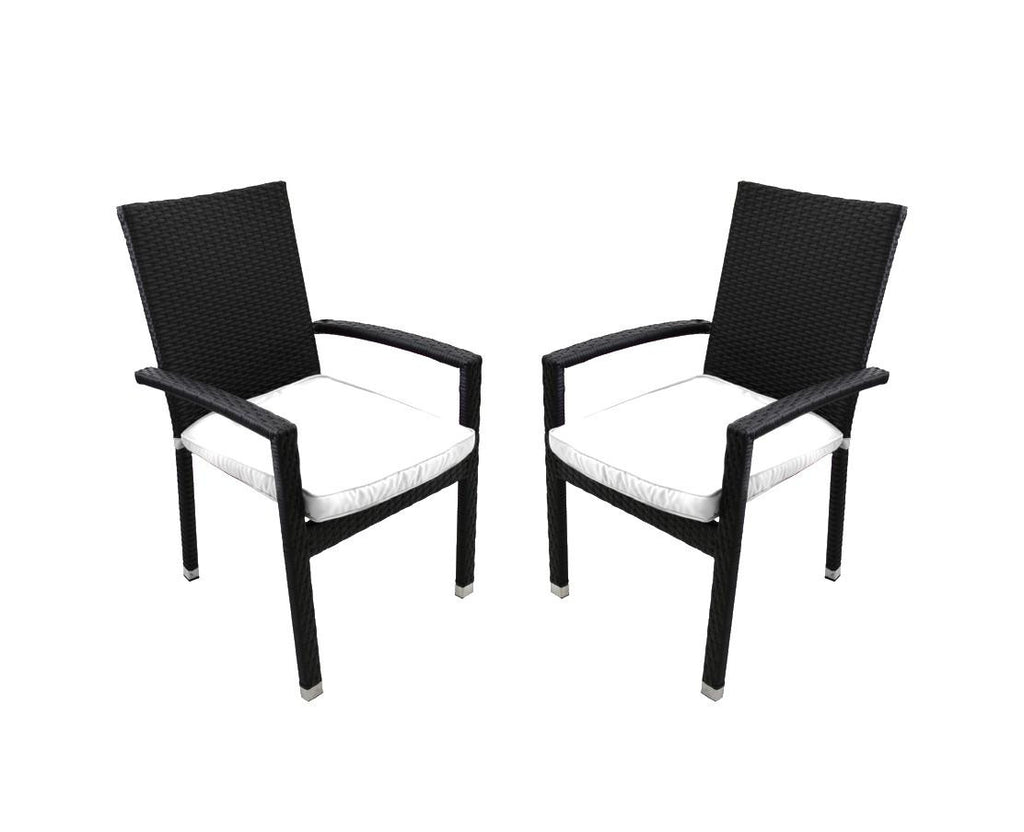 Set of 2 Black Resin Wicker Outdoor Patio Furniture Dining Chairs - White Cushions