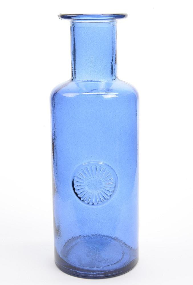 10.75" French Countryside Handmade Transparent Blue Recycled Spanish Glass Vase with Flower