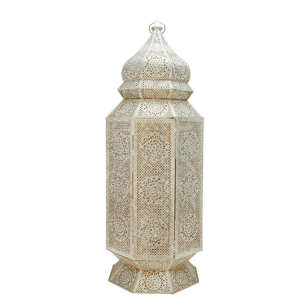 30.5" Distressed White and Gold Antique Style Moroccan Cut-Out Floor Pillar Candle Lantern