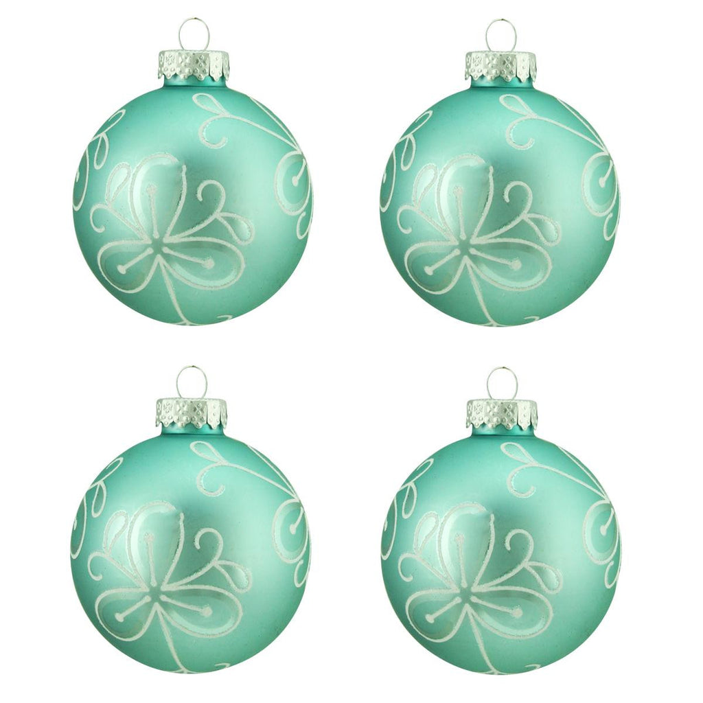 4ct Matte Teal Green with White Flower Design Glass Ball Christmas Ornaments 2.5" (65mm)