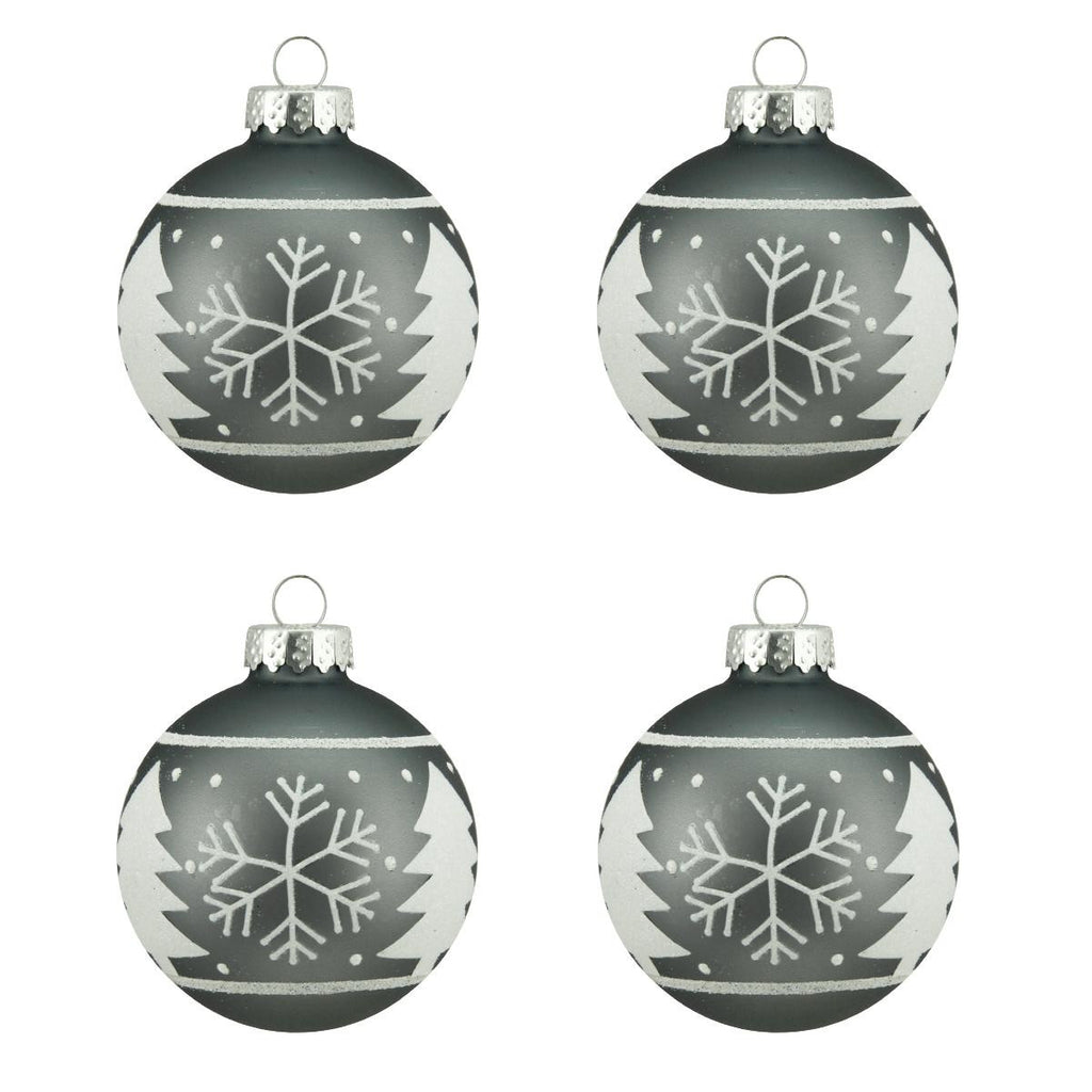 4ct Alpine Chic Matte Gray with White Snowflake Design Glass Ball Christmas Ornaments 2.5" (65mm)