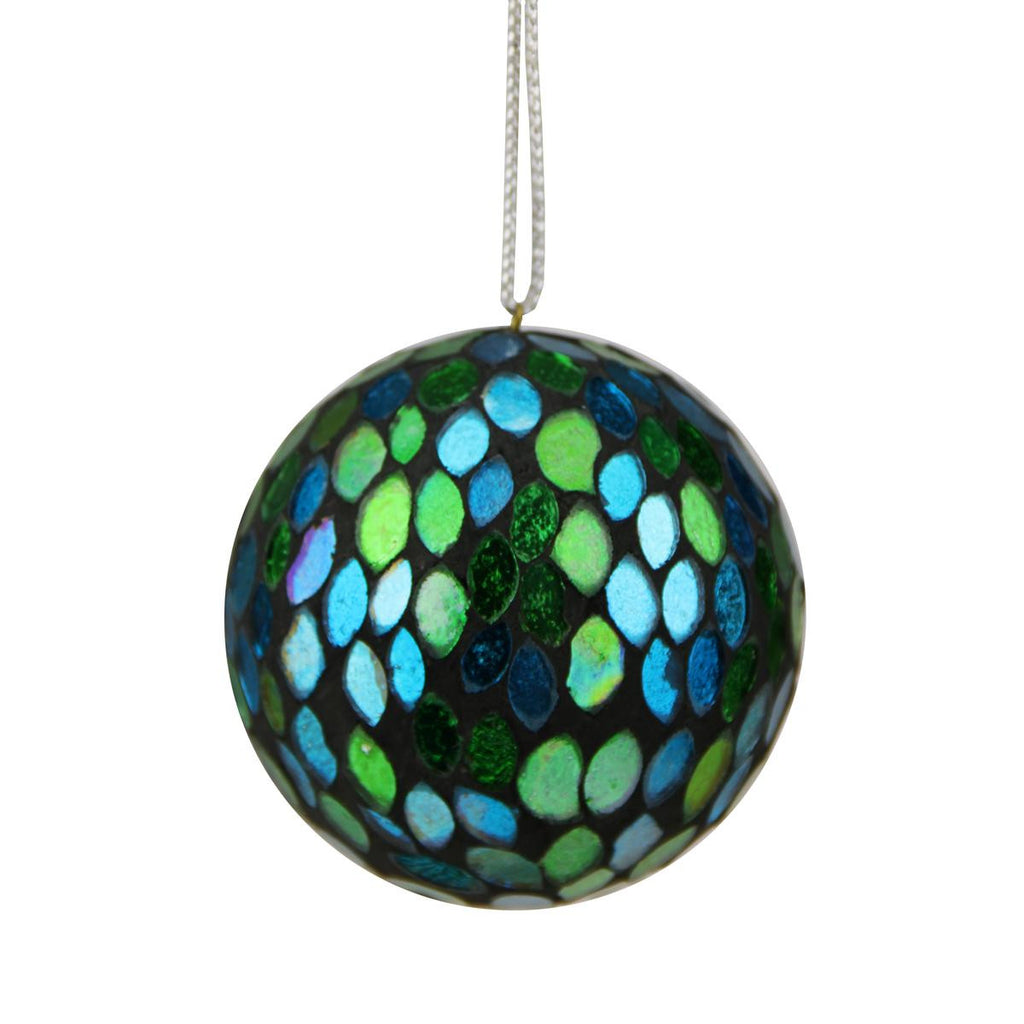 4" Regal Peacock Blue and Green Mosaic Glass Ball Christmas Ornament