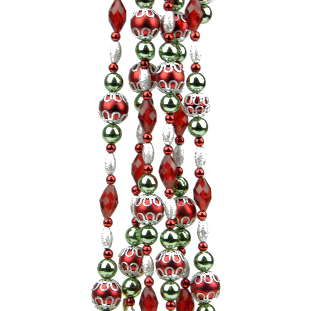 8' Dazzling Diva Red, Green and Silver Mulit-Finish Beaded Christmas Garland