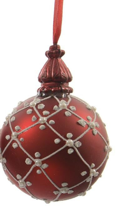 Alpine Chic Red with White Decorative Lattice Design Glass Christmas Ball Ornament 3.25" (80mm)