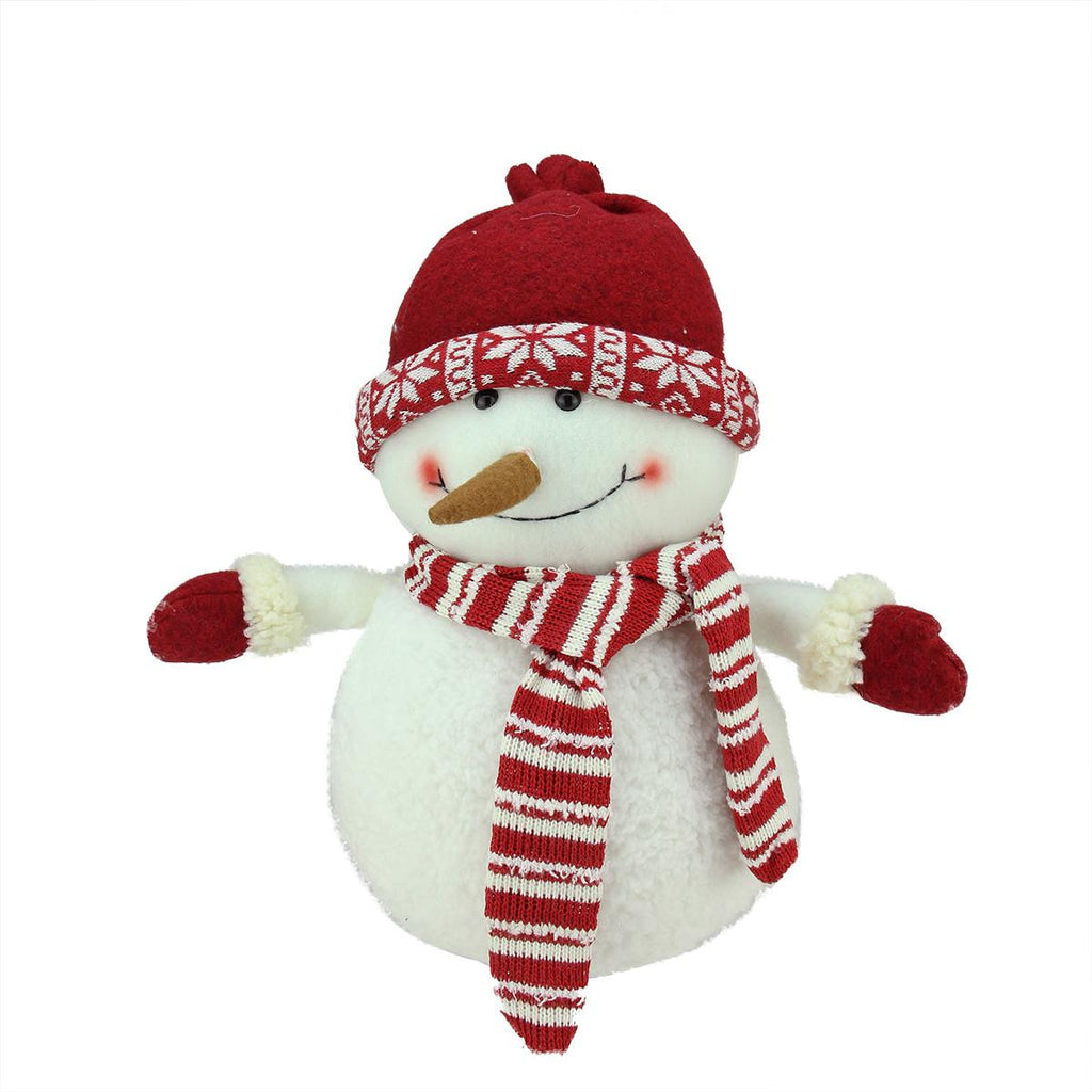 12.5" Ivory, Red and White Chubby Smiling Snowman with Red Cap Plush Table Top Christmas Figure