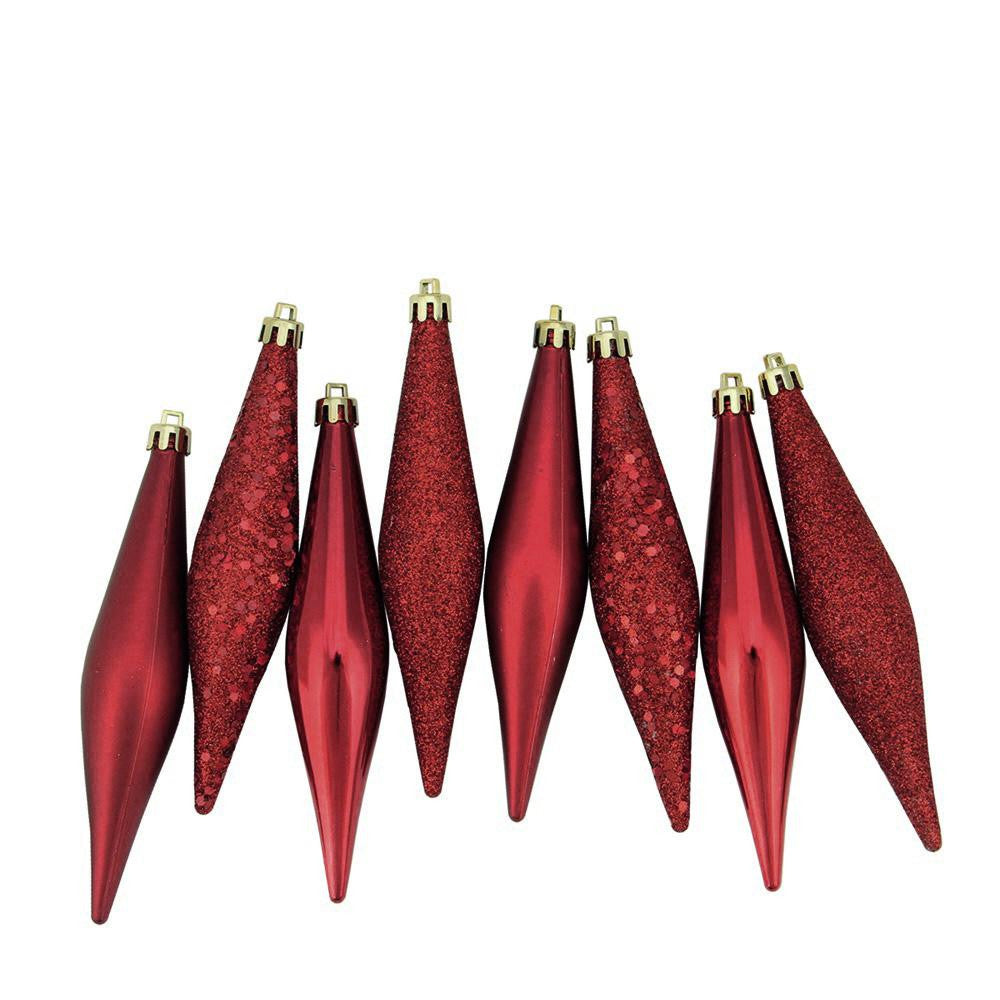 8ct Burgundy Red Shatterproof 4-Finish Finial Drop Christmas Ornaments 6"