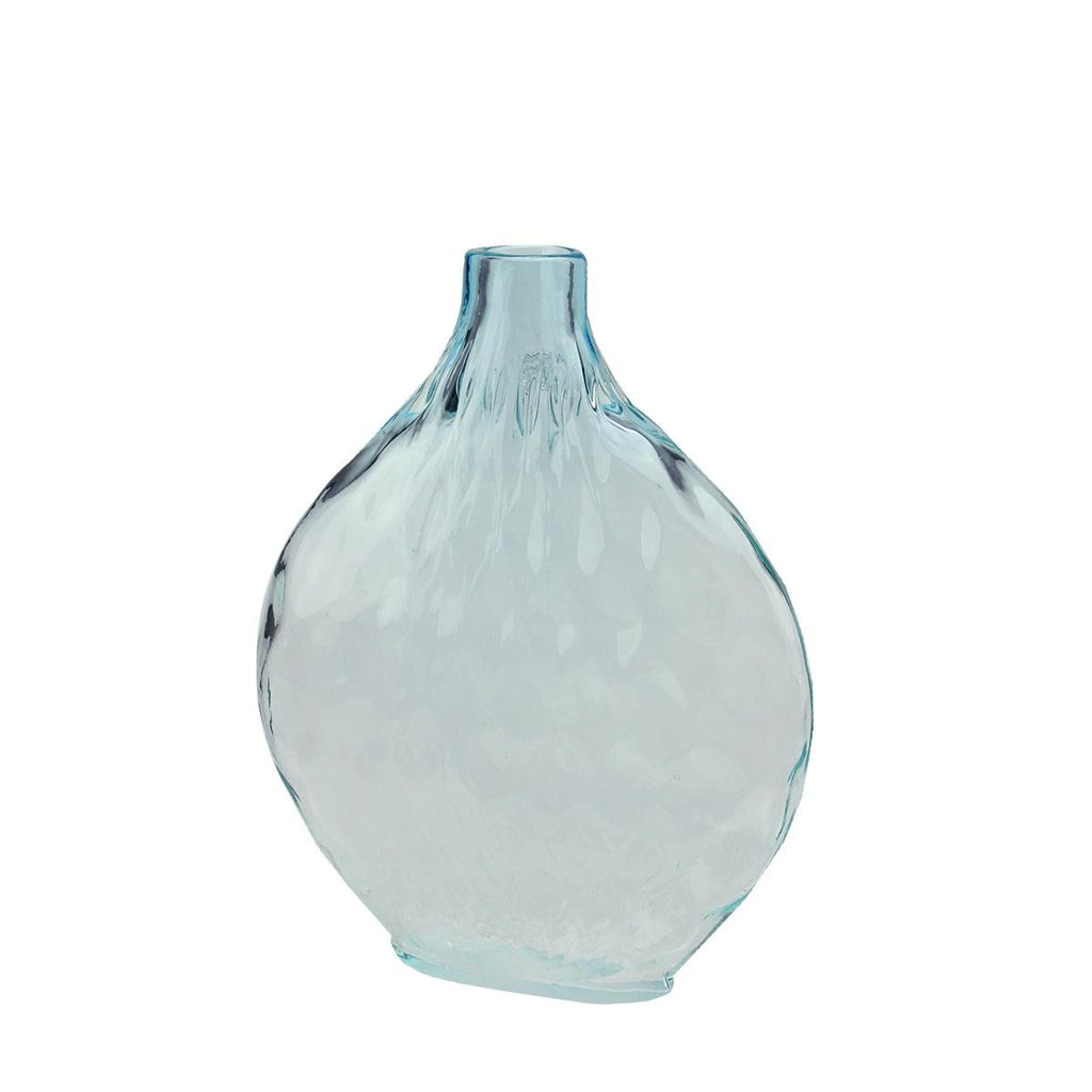 11.5" Disc Shaped Transparent Azure Blue Ombré Hand Blown Glass Vase