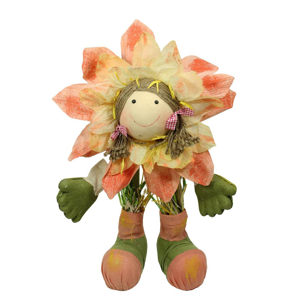 29" Peach, Green and Yellow Spring Floral Standing Sunflower Girl Decorative Figure