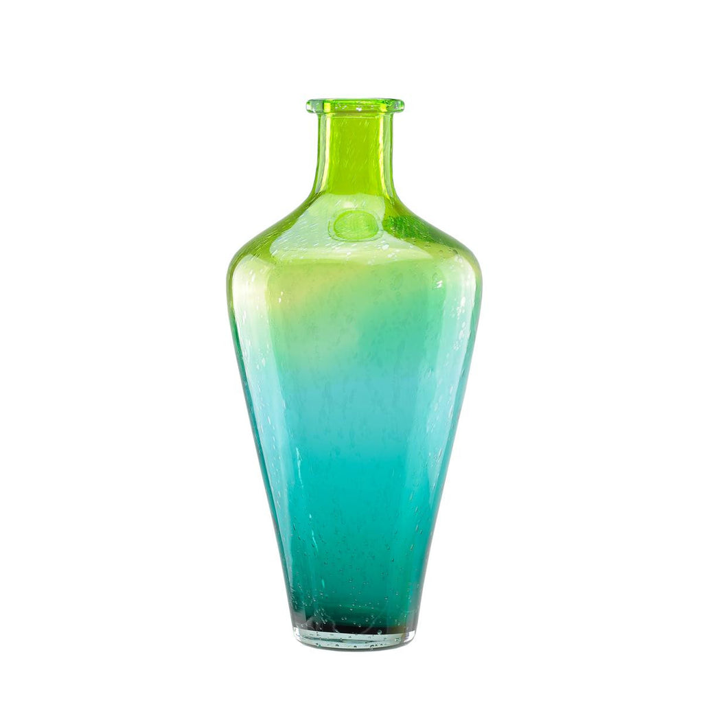 15" Chartreuse Green and Teal Blue Ombré Hand Blown Bubble Glass Vase