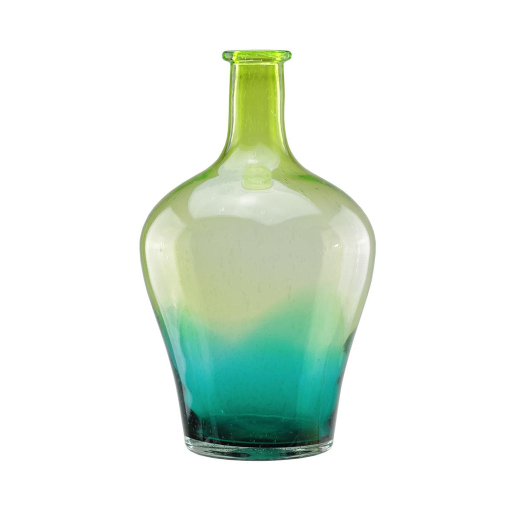 15.5" Chartreuse Green and Teal Blue Ombré Hand Blown Bubble Glass Vase