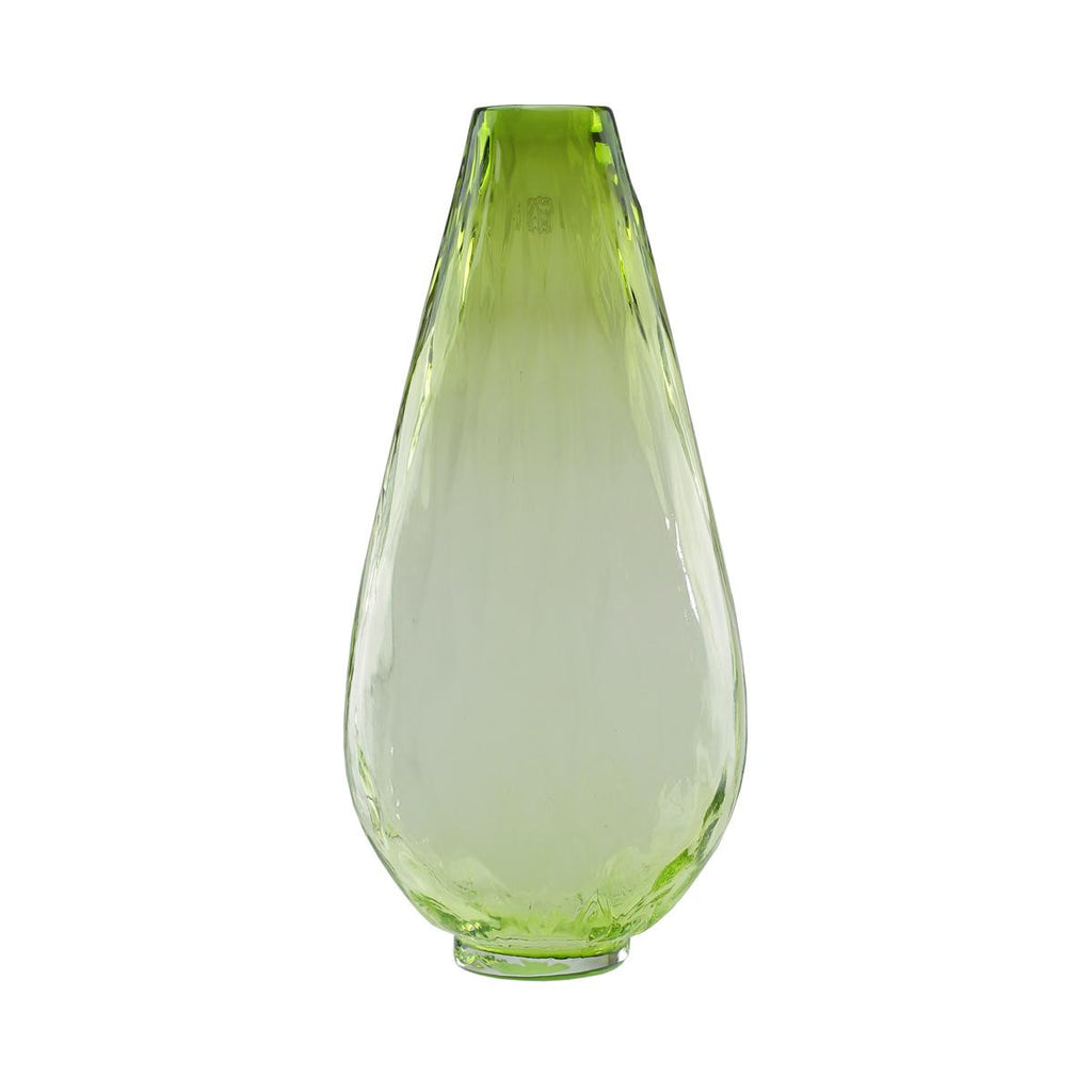 14" Teardrop Shaped Chartruese Green Ombré Textured Hand Blown Glass Vase
