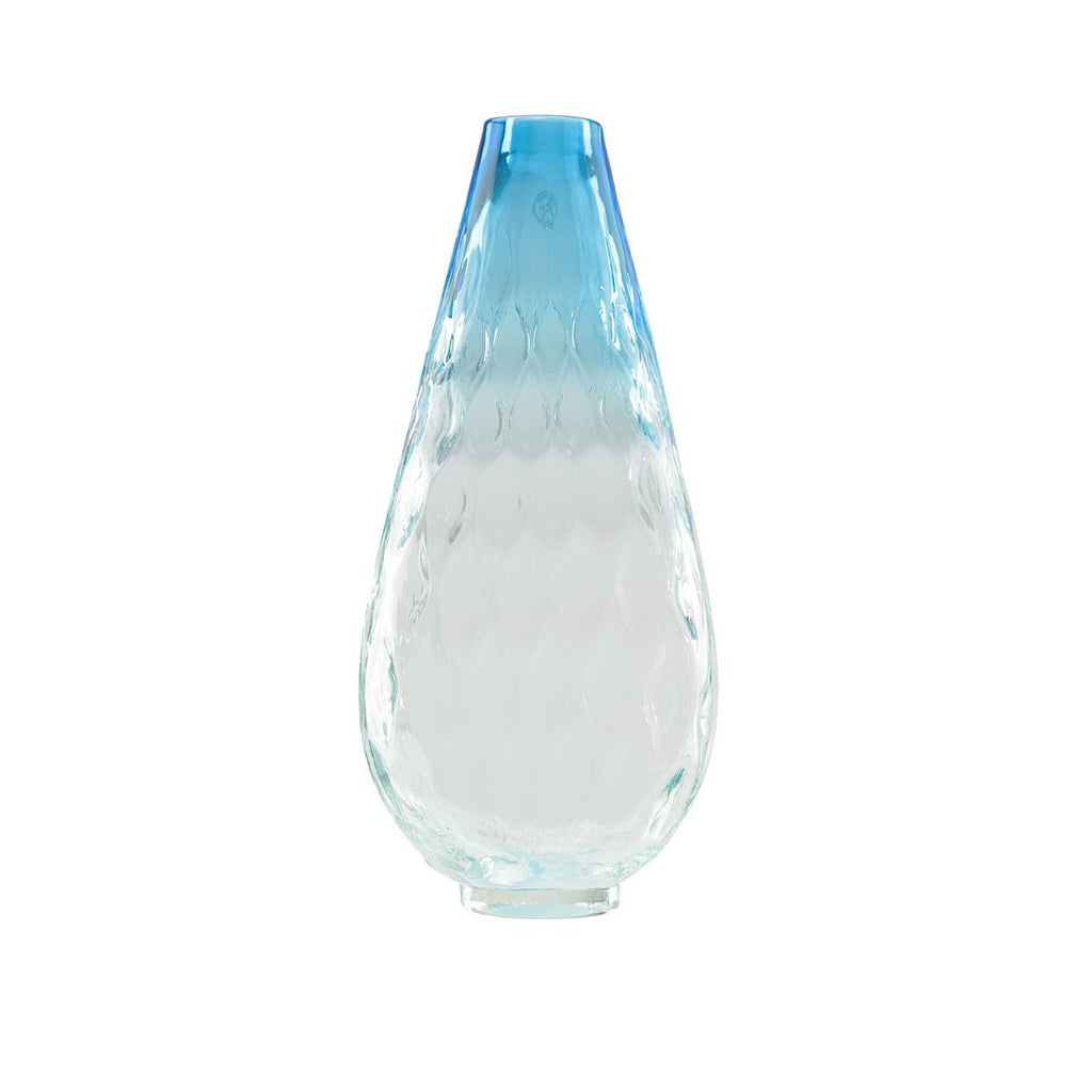 14" Teardrop Shaped Azure Blue Ombré Textured Hand Blown Glass Vase