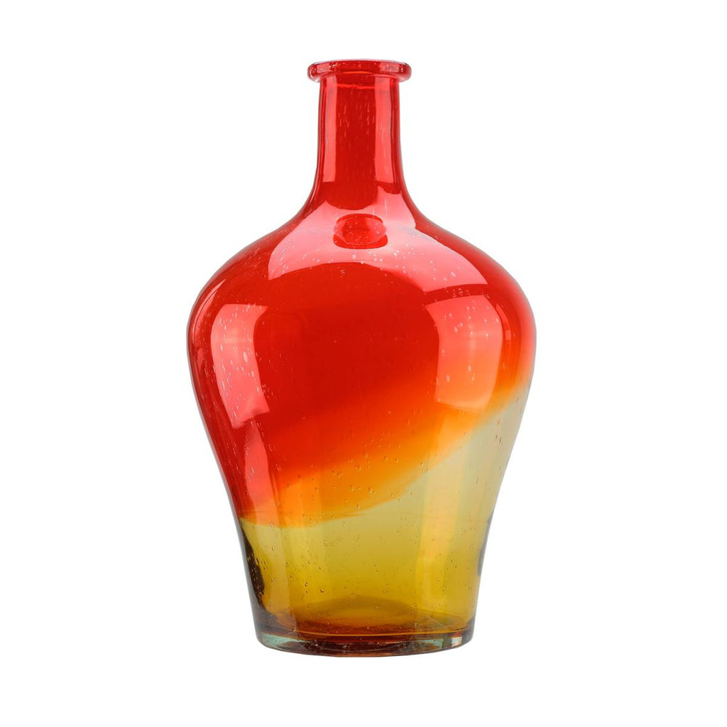 15.5" Flame Orange and Amber Yellow Ombré Hand Blown Bubble Glass Vase