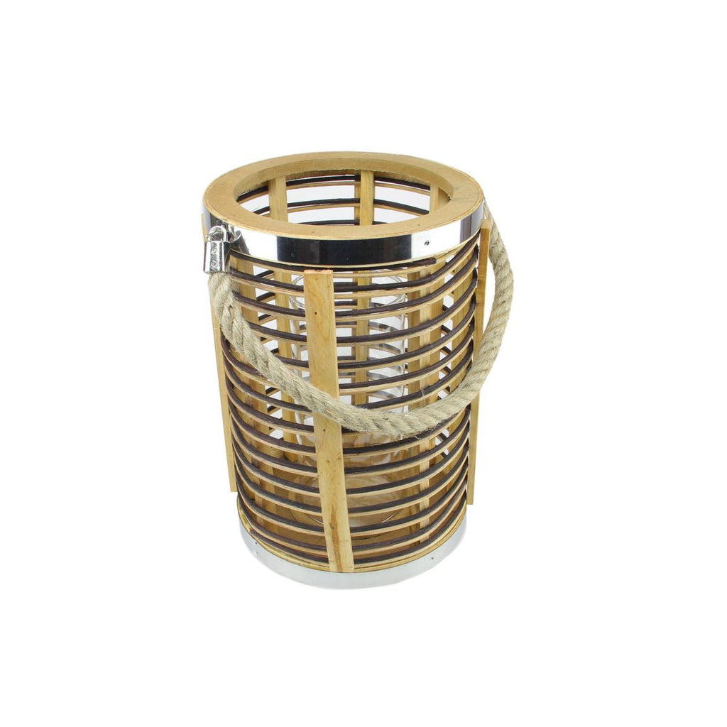 11.5" Rustic Chic Cylinderical Rattan Decorative Candle Holder Lantern with Jute Handle