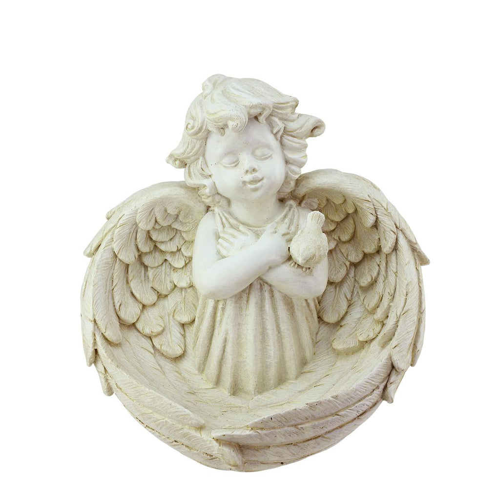 9.5" Heavenly Gardens Distressed Ivory Cherub Angel Bird Feeder Outdoor Patio Garden Statue