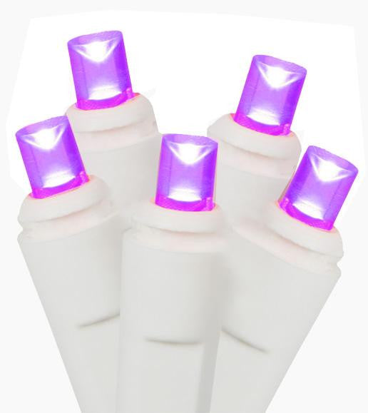 Set of 50 Commercial Grade Purple LED Wide Angle Christmas Lights - White Wire