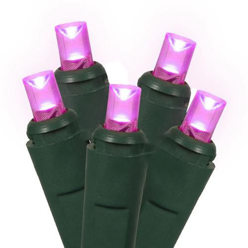 Set of 50 Commercial Grade Pink LED Wide Angle Christmas Lights - Green Wire