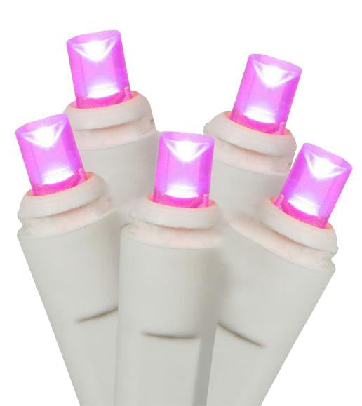 Set of 50 Commercial Grade Pink LED Wide Angle Christmas Lights - White Wire