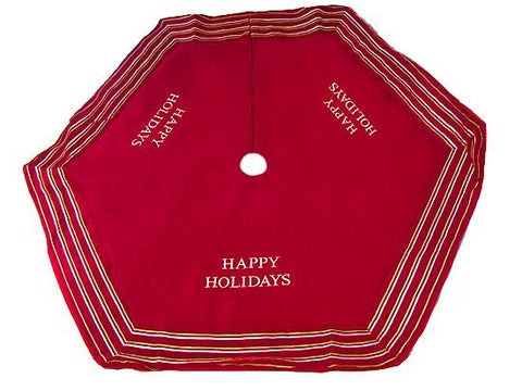 56" Red "Happy Holidays" Christmas Tree Skirt with Striped Trim