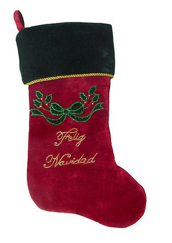 17" Deep Red Holly Berry and Bow "Feliz Navidad" Christmas Stocking