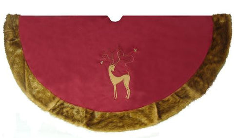 56" Brick Red Noble Reindeer Christmas Tree Skirt with Faux Fur Trim