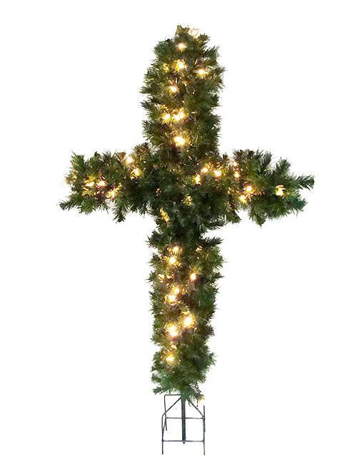 36" Pre-Lit Green Pine Artificial Cross Shape Wreath with Ground Stakes - Clear