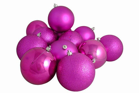 12ct Pink Magenta Shatterproof 4-Finish Christmas Ball Ornaments 4" (100mm)