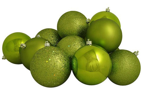 12ct Green Kiwi Shatterproof 4-Finish Christmas Ball Ornaments 4" (100mm)