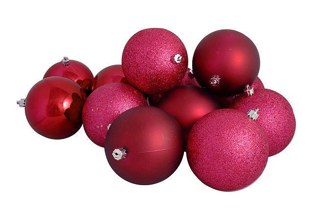 12ct Red Raspberry Shatterproof 4-Finish Christmas Ball Ornaments 4" (100mm)