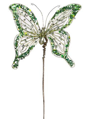 16" Princess Garden Green Butterfly Jeweled & Beaded Floral Craft Pick