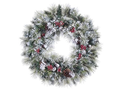 36" Flocked American Pine Artificial Christmas Wreath w- Berries & Cones - Unlit