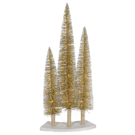 Pre-Lit LED Gold Glitter Artificial Mini Village Christmas Tree Trio Set