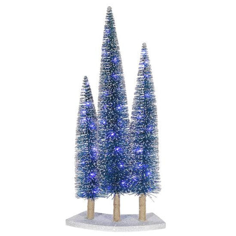 Pre-Lit LED Blue Glitter Artificial Mini Village Christmas Tree Trio Set