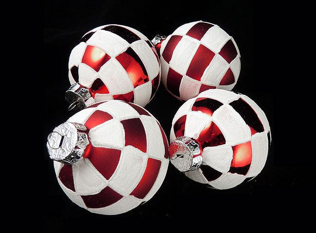 4ct Peppermint Twist Shatterproof White & Red Check Christmas Ornaments 3"