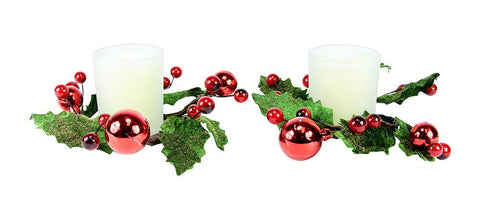 Set of 2 Glittered Holly & Red Berry Christmas Votive Candle Rings with Candles