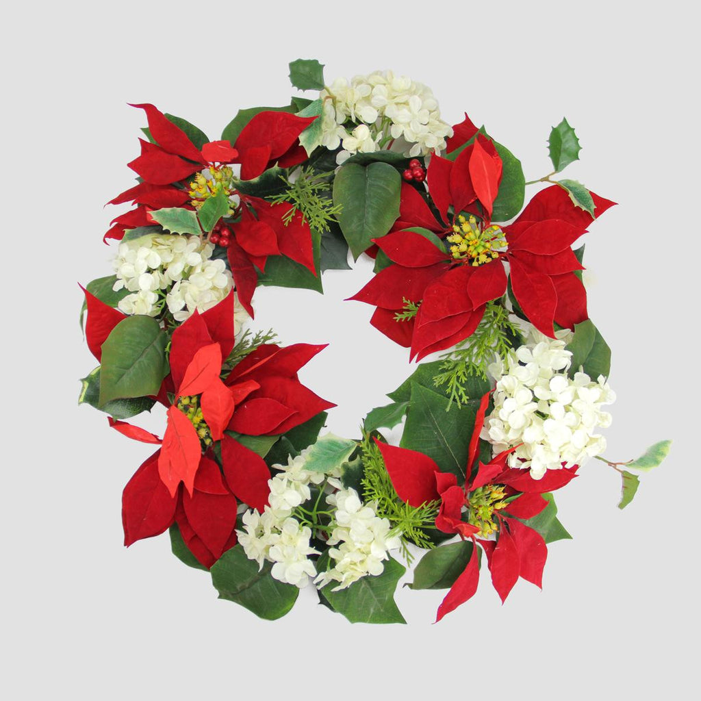 22" La Costa Poinsettia and Hydrangea Floral Artificial Christmas Wreath - Unlit