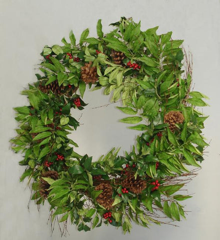 33" Holly Berry, Sorbus & Pine Cone Artificial Christmas Wreath - Unlit